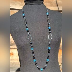 Long Blue & Black Beaded Necklace | Artisan Station Necklace | Boho Statement